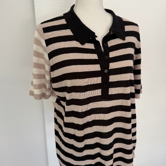AKRIS Punto Striped Linen Collard Polo Short Sleeve Top - Picture 2 of 10